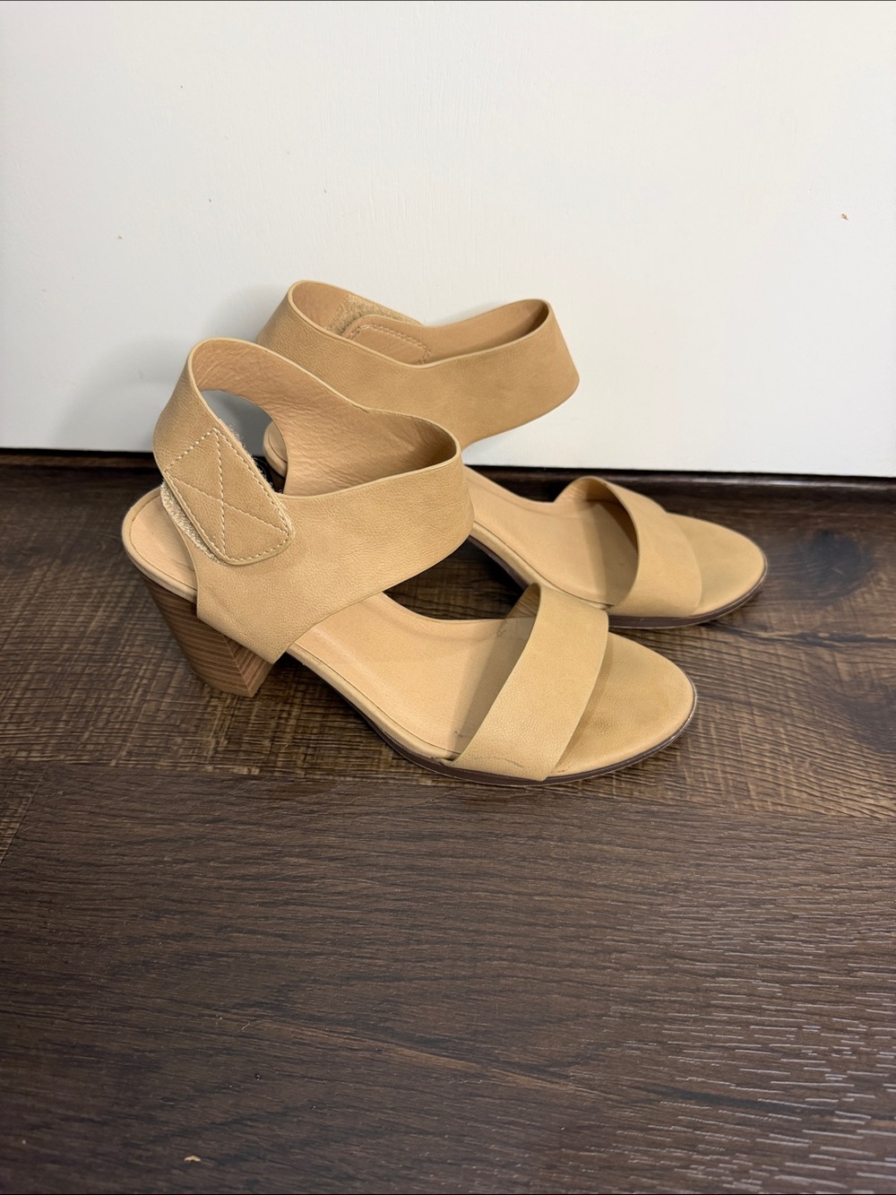 Soda Beige Block Heel Sandals with Ankle Strap